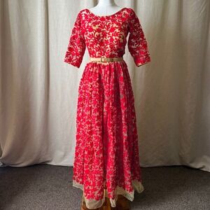 Vintage Red Floral Embroidered Mesh Gown Nude‎ Lining Formal Dress M